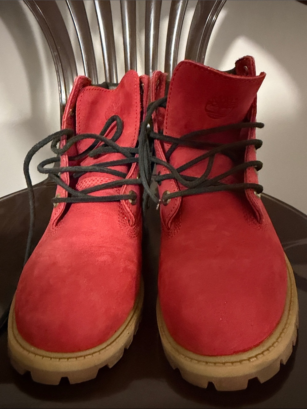 Timberland Kids Red Suede Lace-Up Boots with Tan Outsoles
